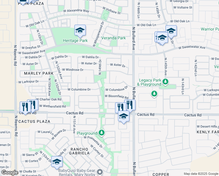 map of restaurants, bars, coffee shops, grocery stores, and more near 14869 West Larkspur Drive in Surprise