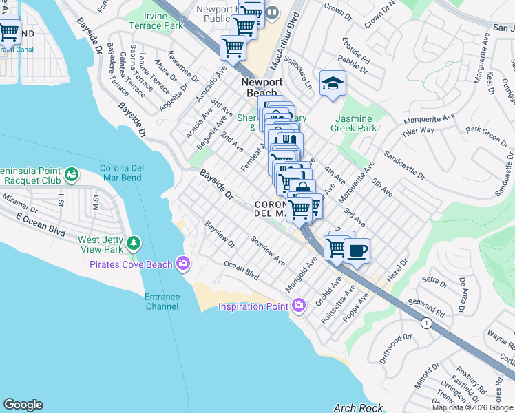map of restaurants, bars, coffee shops, grocery stores, and more near 400 Heliotrope Avenue in Newport Beach