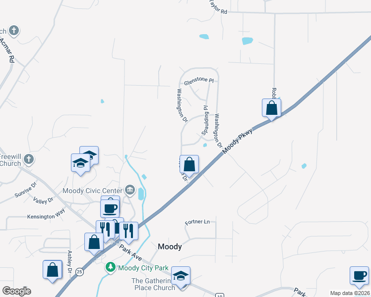 map of restaurants, bars, coffee shops, grocery stores, and more near 1077 Avalon Drive in Moody