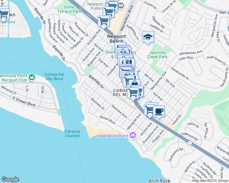 map of restaurants, bars, coffee shops, grocery stores, and more near 400 Heliotrope Avenue in Newport Beach