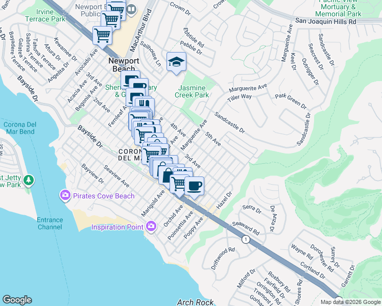 map of restaurants, bars, coffee shops, grocery stores, and more near 610 Marguerite Avenue in Newport Beach