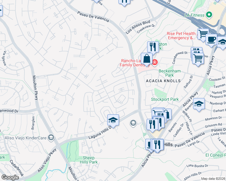 map of restaurants, bars, coffee shops, grocery stores, and more near 881 Via Mendoza in Laguna Woods
