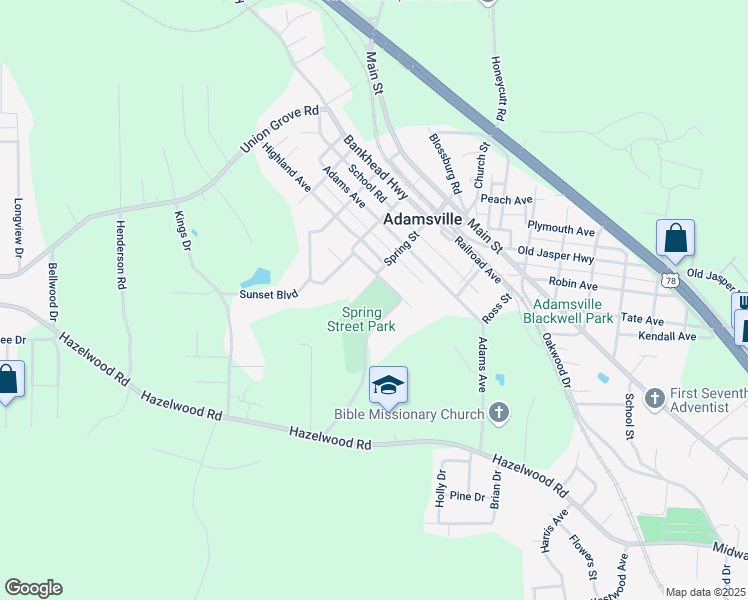 map of restaurants, bars, coffee shops, grocery stores, and more near 421 Spring Street in Adamsville