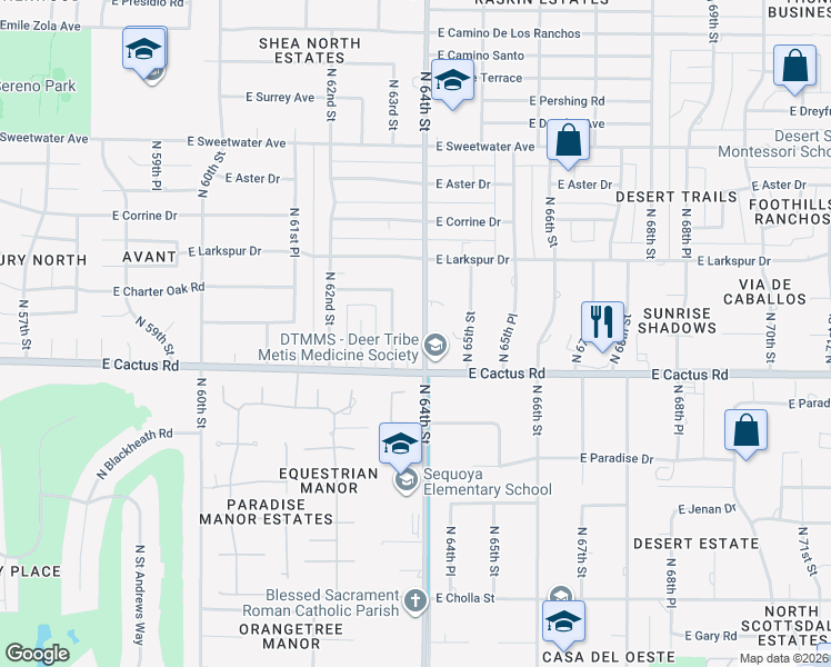 map of restaurants, bars, coffee shops, grocery stores, and more near 12240 North 64th Street in Scottsdale