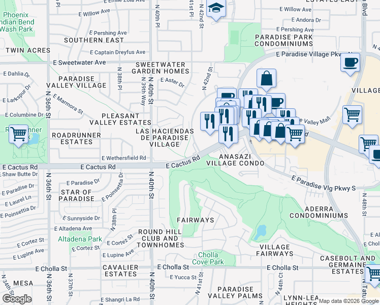 map of restaurants, bars, coffee shops, grocery stores, and more near 12401 North 41st Place in Phoenix