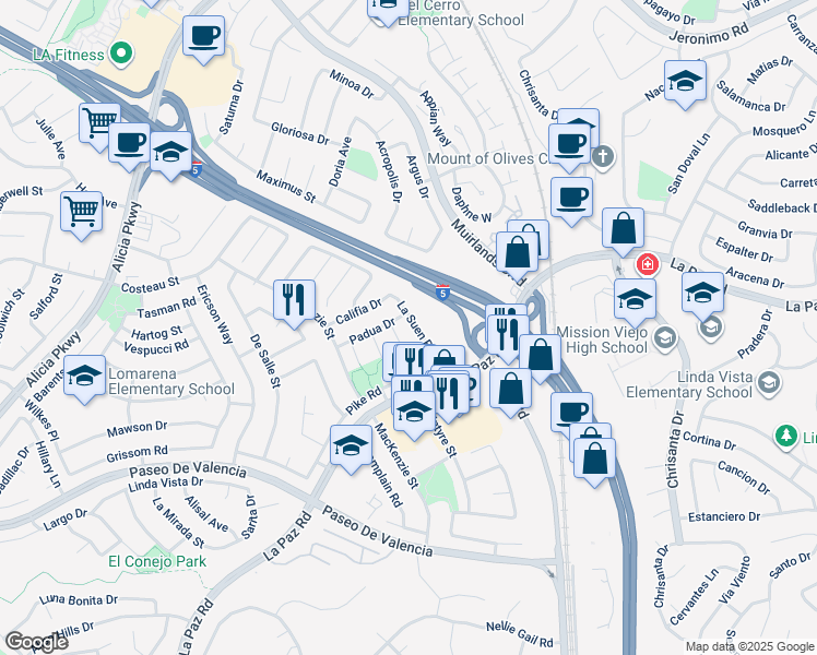 map of restaurants, bars, coffee shops, grocery stores, and more near 25085 La Suen Road in Laguna Hills