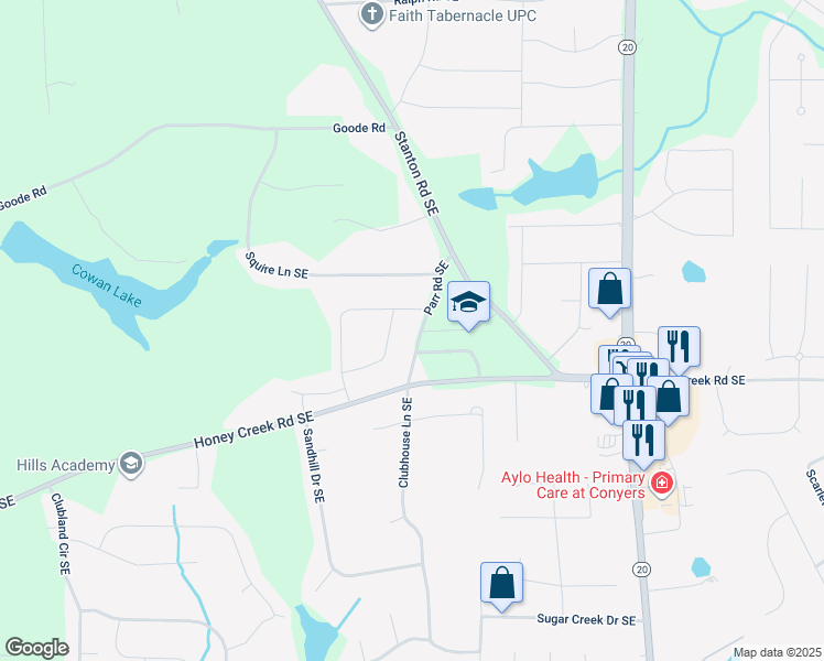 map of restaurants, bars, coffee shops, grocery stores, and more near 3431 Parr Road Southeast in Conyers