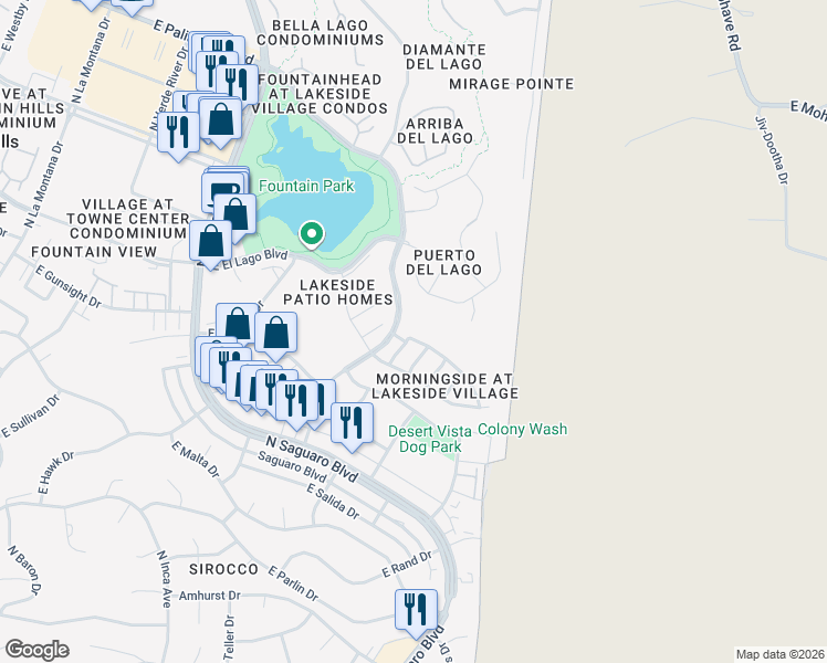 map of restaurants, bars, coffee shops, grocery stores, and more near 17220 East Quail Ridge Drive in Fountain Hills