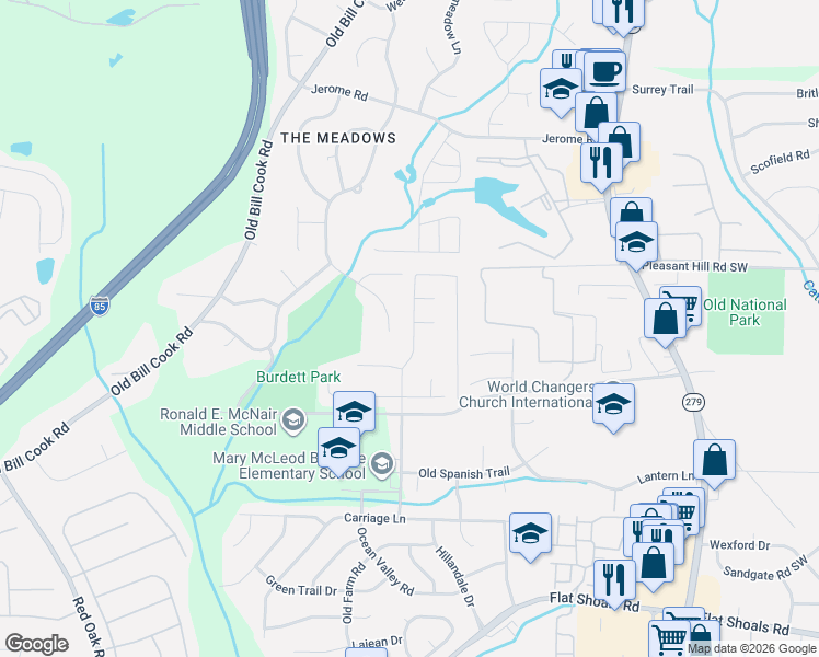 map of restaurants, bars, coffee shops, grocery stores, and more near 5725 Old Carriage Drive in College Park