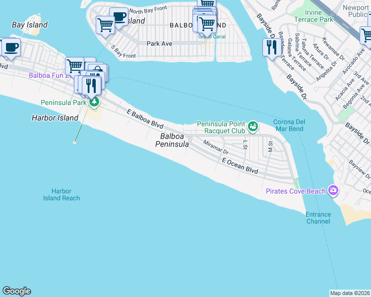 map of restaurants, bars, coffee shops, grocery stores, and more near 1504 East Ocean Boulevard in Newport Beach