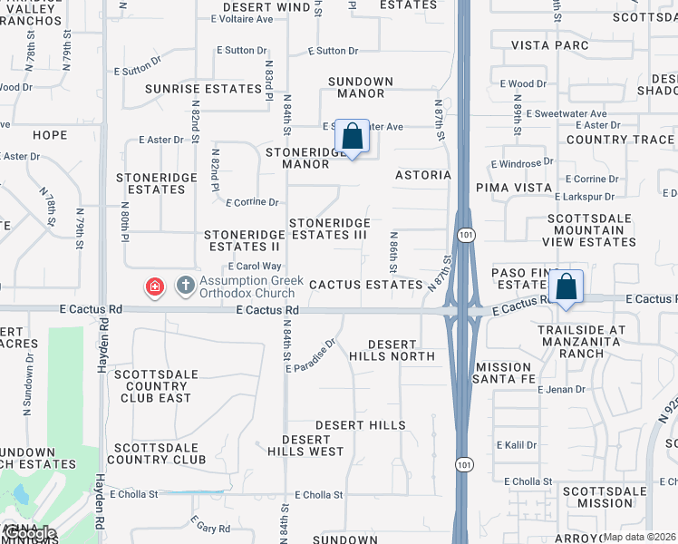 map of restaurants, bars, coffee shops, grocery stores, and more near 8477 East Charter Oak Drive in Scottsdale