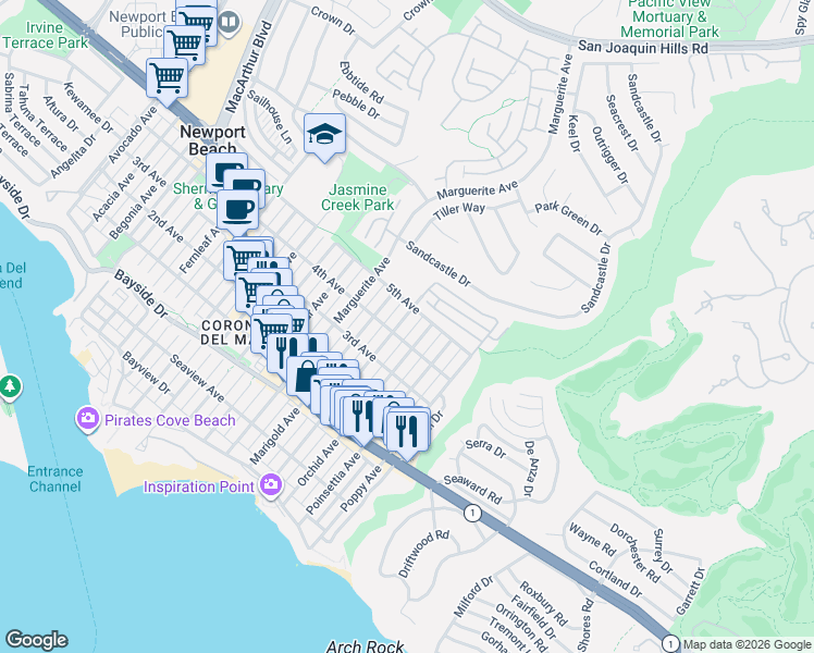 map of restaurants, bars, coffee shops, grocery stores, and more near 708 Narcissus Avenue in Newport Beach