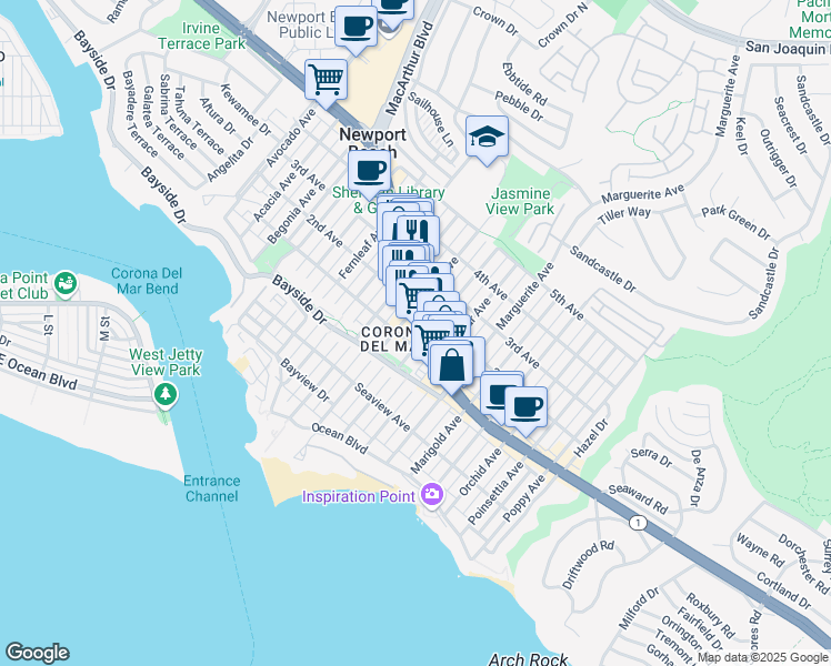 map of restaurants, bars, coffee shops, grocery stores, and more near 3049 East Pacific Coast Highway in Newport Beach