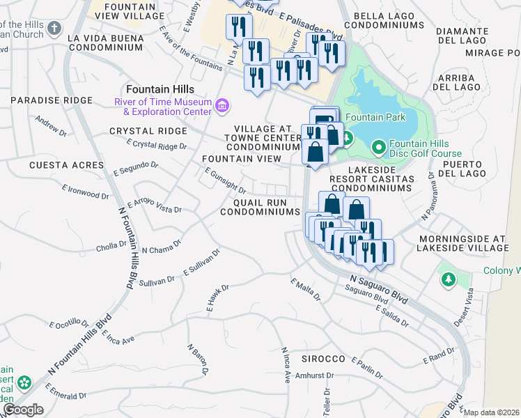 map of restaurants, bars, coffee shops, grocery stores, and more near 16657 East Gunsight Drive in Fountain Hills