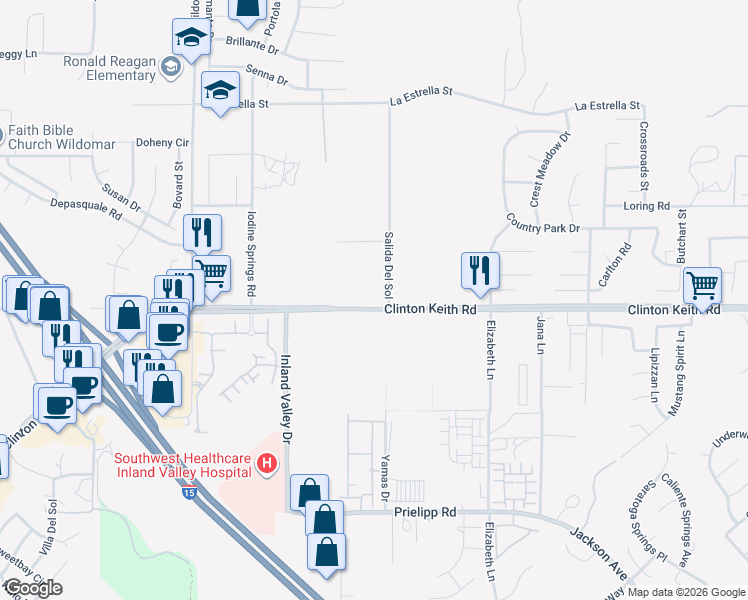 map of restaurants, bars, coffee shops, grocery stores, and more near 24500 Catt Road in Wildomar
