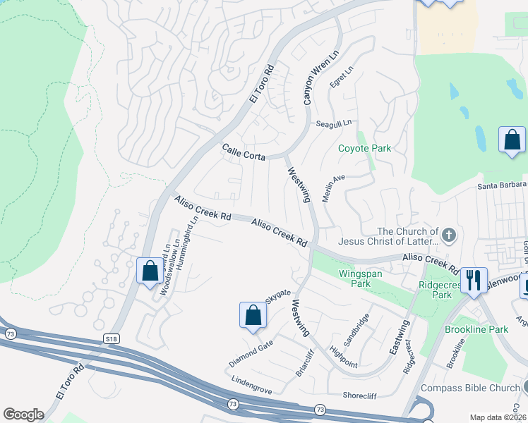 map of restaurants, bars, coffee shops, grocery stores, and more near 34 Chickadee Lane in Aliso Viejo