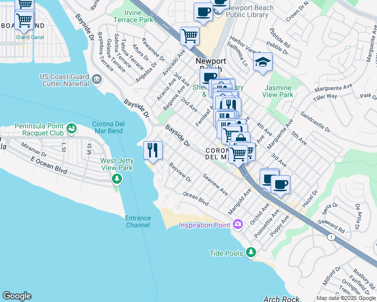 map of restaurants, bars, coffee shops, grocery stores, and more near 315 Goldenrod Avenue in Newport Beach