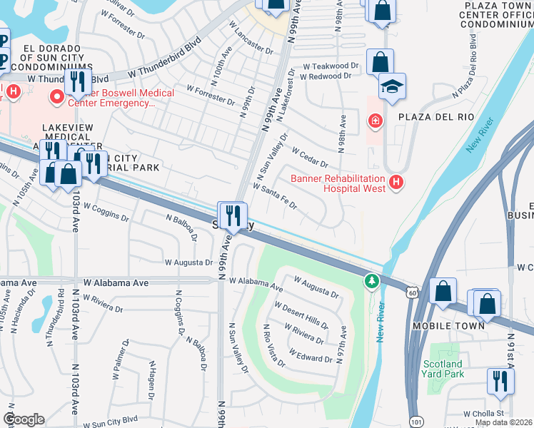 map of restaurants, bars, coffee shops, grocery stores, and more near 12615 North Sun Valley Drive in Sun City