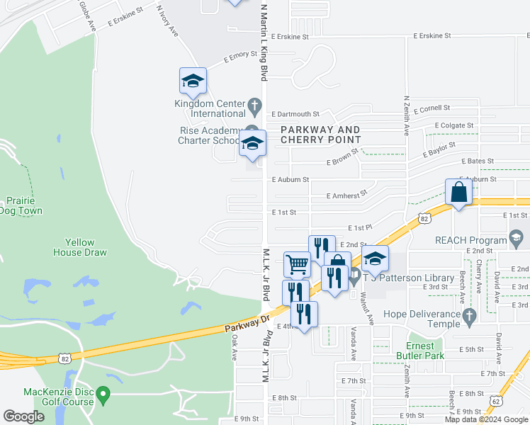 map of restaurants, bars, coffee shops, grocery stores, and more near 101 North Martin L King Boulevard in Lubbock