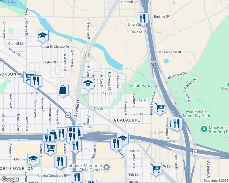 map of restaurants, bars, coffee shops, grocery stores, and more near 106 North Avenue M in Lubbock