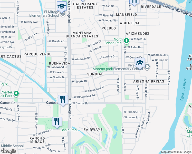 map of restaurants, bars, coffee shops, grocery stores, and more near 12025 West Flores Drive in El Mirage