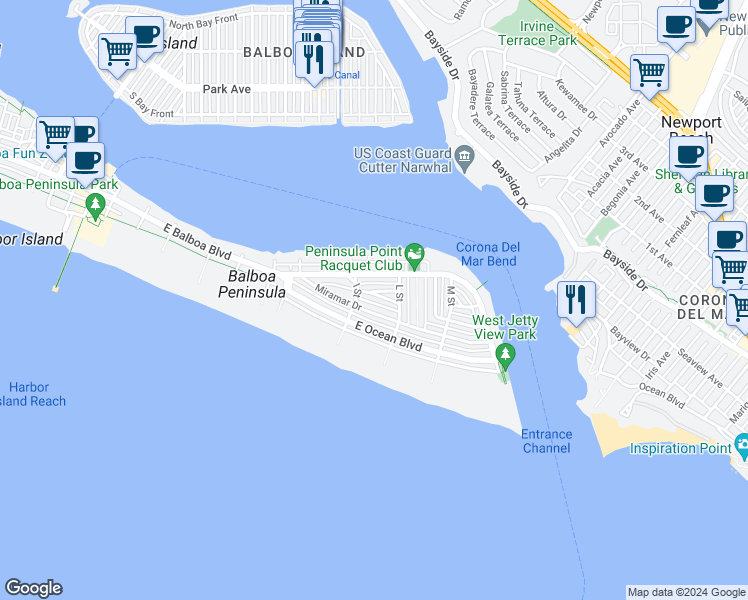 map of restaurants, bars, coffee shops, grocery stores, and more near 1723 Plaza Del Sur in Newport Beach