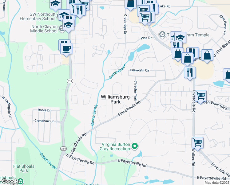 map of restaurants, bars, coffee shops, grocery stores, and more near 5668 Williamsburg Trce in Atlanta