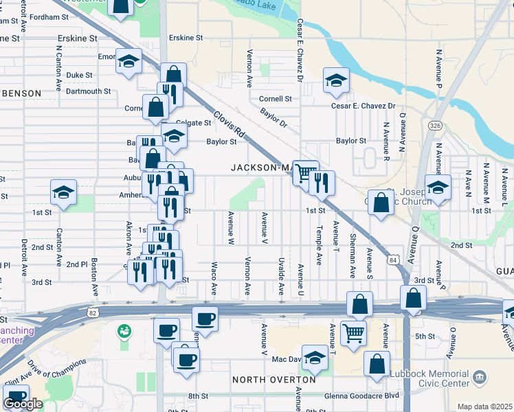 map of restaurants, bars, coffee shops, grocery stores, and more near 198 North Vernon Avenue in Lubbock