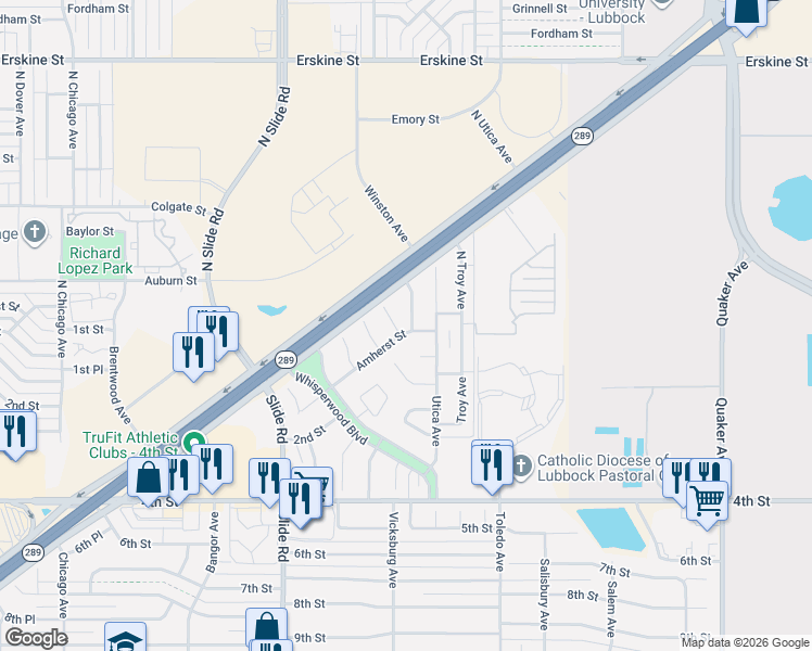 map of restaurants, bars, coffee shops, grocery stores, and more near 101 North Vale Avenue in Lubbock