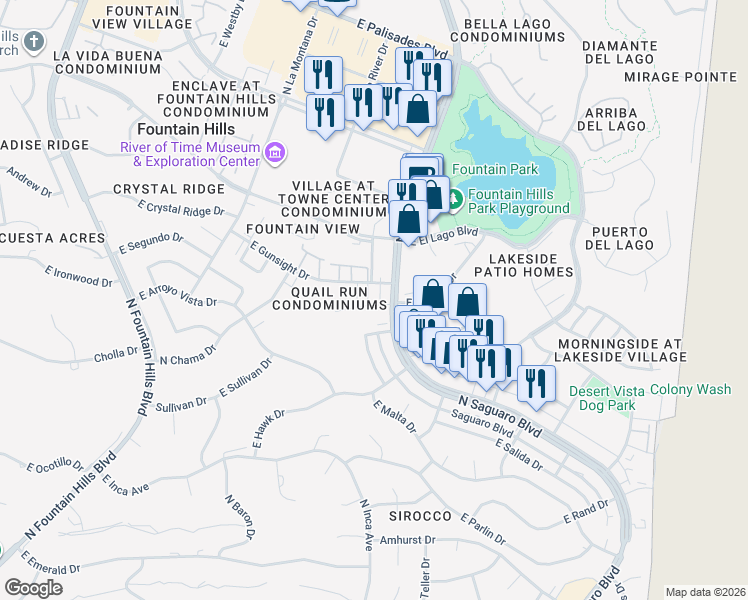 map of restaurants, bars, coffee shops, grocery stores, and more near 16819 East Gunsight Drive in Fountain Hills