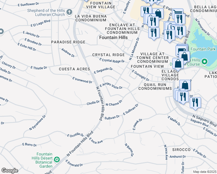 map of restaurants, bars, coffee shops, grocery stores, and more near 16428 East Arroyo Vista Drive in Fountain Hills