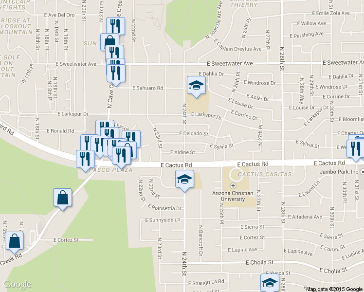 map of restaurants, bars, coffee shops, grocery stores, and more near 2400 East Sylvia Street in Phoenix