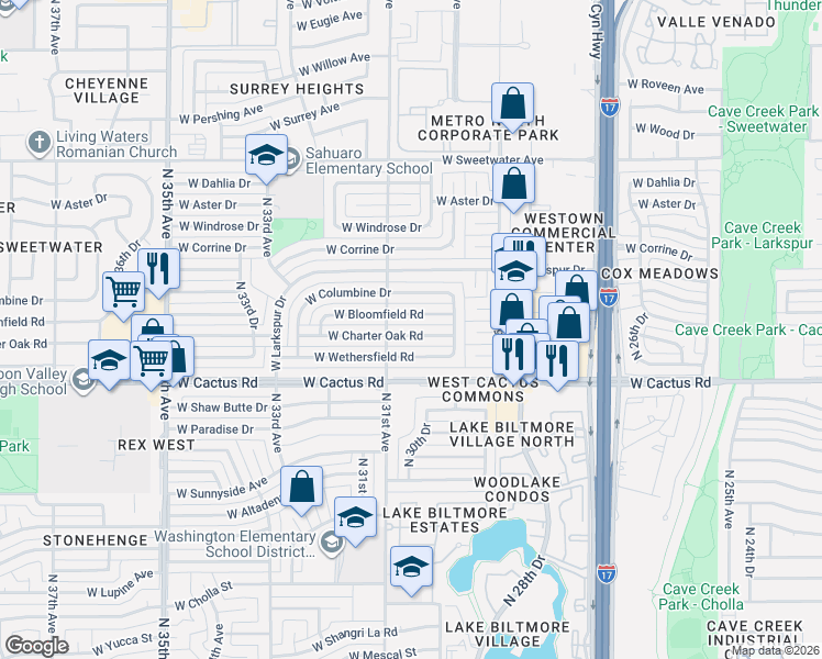 map of restaurants, bars, coffee shops, grocery stores, and more near 3055 West Bloomfield Road in Phoenix