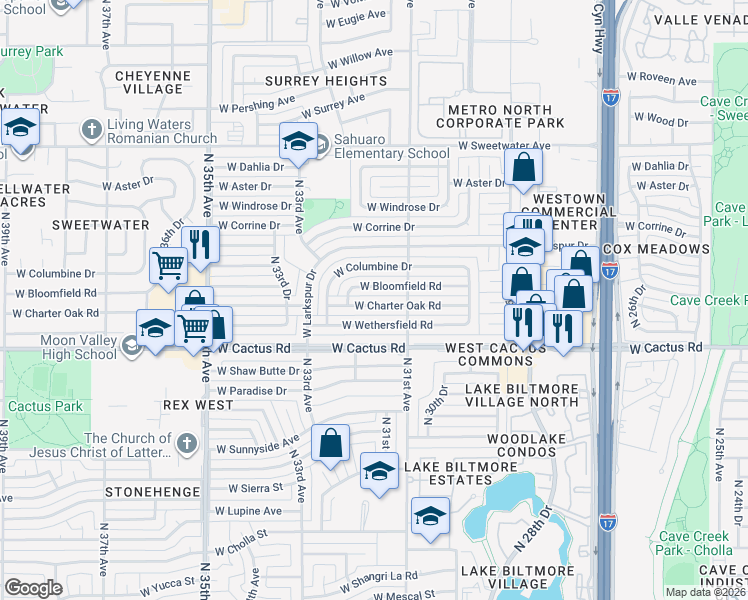 map of restaurants, bars, coffee shops, grocery stores, and more near 3127 West Bloomfield Road in Phoenix