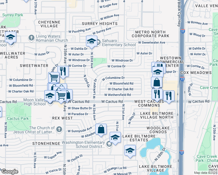 map of restaurants, bars, coffee shops, grocery stores, and more near 3218 West Bloomfield Road in Phoenix
