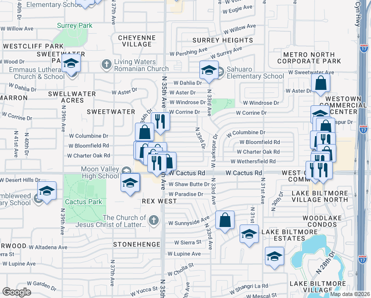 map of restaurants, bars, coffee shops, grocery stores, and more near 3413 West Bloomfield Road in Phoenix