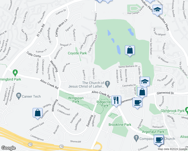 map of restaurants, bars, coffee shops, grocery stores, and more near 92 Verdin Lane in Aliso Viejo