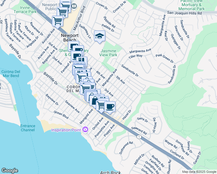 map of restaurants, bars, coffee shops, grocery stores, and more near 610 Marguerite Avenue in Newport Beach