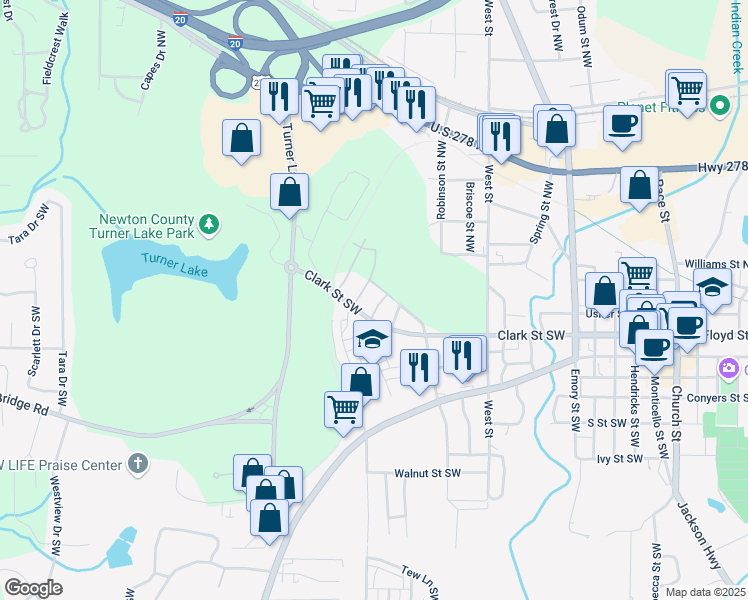 map of restaurants, bars, coffee shops, grocery stores, and more near 4121 North Swann Street in Covington