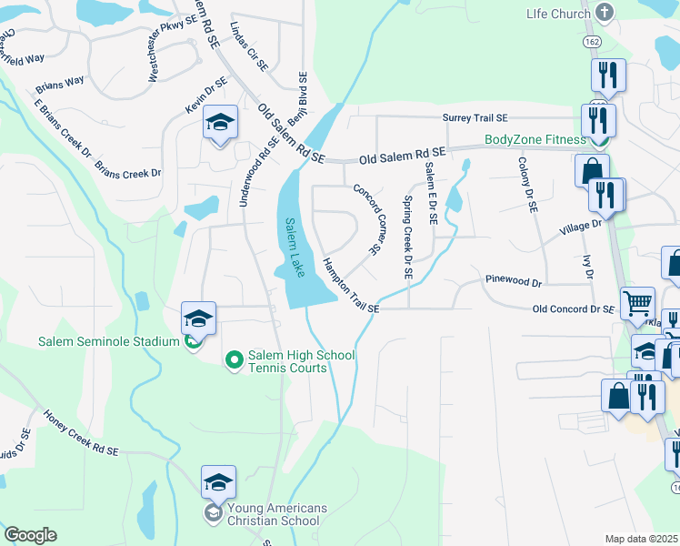 map of restaurants, bars, coffee shops, grocery stores, and more near 2130 Hampton Trail Southeast in Conyers