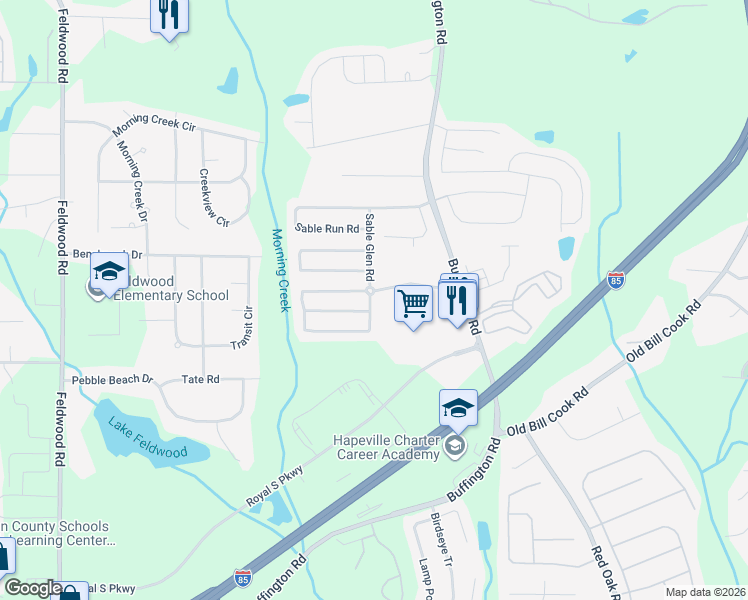 map of restaurants, bars, coffee shops, grocery stores, and more near 5850 Sable Glen Road in Atlanta