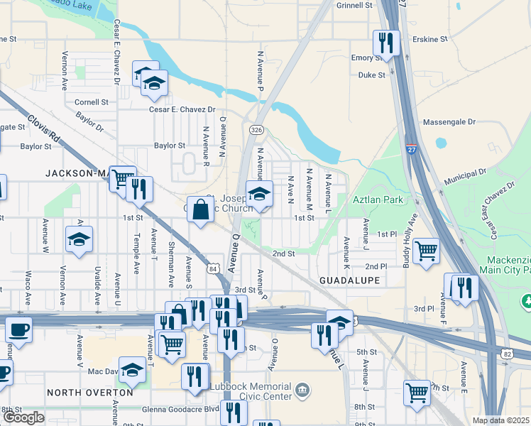 map of restaurants, bars, coffee shops, grocery stores, and more near 102 North Avenue P in Lubbock