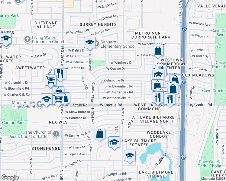map of restaurants, bars, coffee shops, grocery stores, and more near 3127 West Bloomfield Road in Phoenix