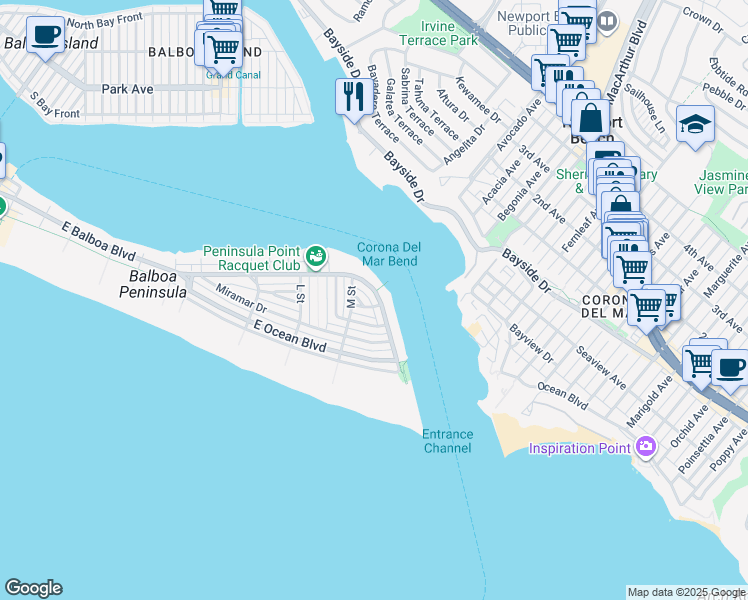 map of restaurants, bars, coffee shops, grocery stores, and more near 2117 East Balboa Boulevard in Newport Beach