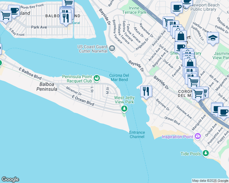 map of restaurants, bars, coffee shops, grocery stores, and more near in Newport Beach