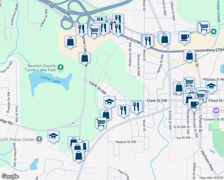 map of restaurants, bars, coffee shops, grocery stores, and more near 5118 North Pratt Street in Covington