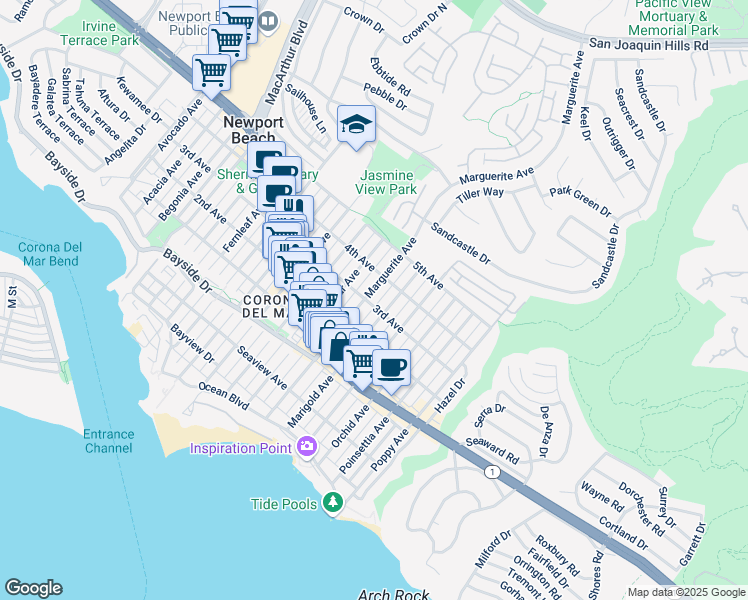 map of restaurants, bars, coffee shops, grocery stores, and more near 602 Marguerite Avenue in Newport Beach