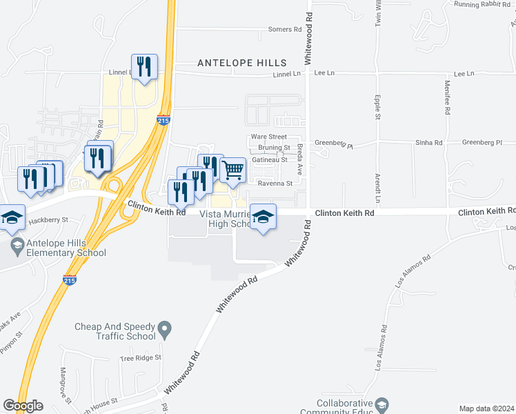 map of restaurants, bars, coffee shops, grocery stores, and more near 28269 Socorro Street in Murrieta