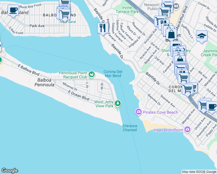 map of restaurants, bars, coffee shops, grocery stores, and more near 2137 Channel Road in Newport Beach