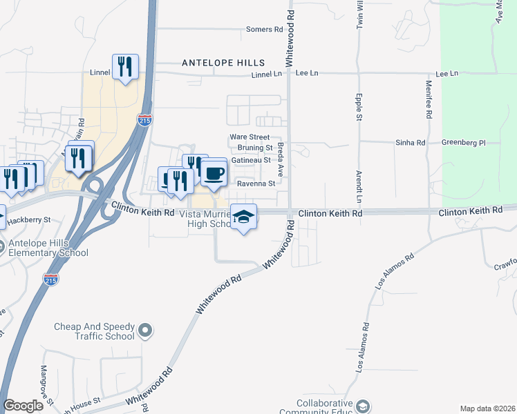 map of restaurants, bars, coffee shops, grocery stores, and more near 28365 Socorro Street in Murrieta